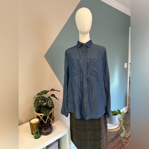 Pure Navy Lightweight Denim Button-Up Shirt 100% Lyocell Size Small Chambray Top - Picture 1 of 12